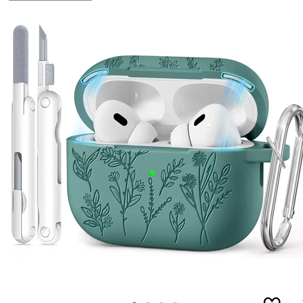 BRAND NEW Green Floral Silicone Case for AirPods Pro 2nd/1st Gen & Cleaning Tool